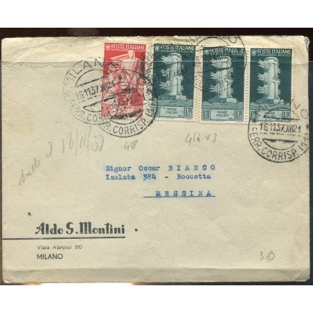 1937 Italia lettera con Augusto c.10 x 3 + c.20 per Messina