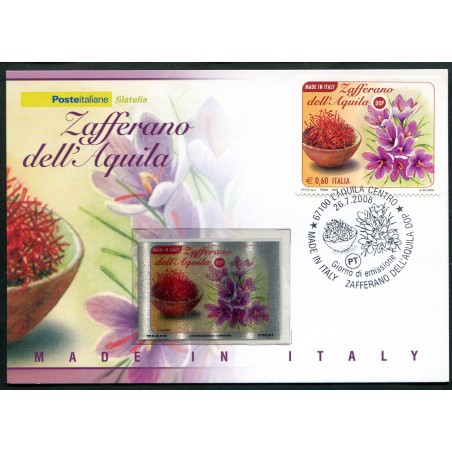 2008 Italia Cartolina Postale "Zafferano dell'Aquila" nuova con francobollo d'Argento