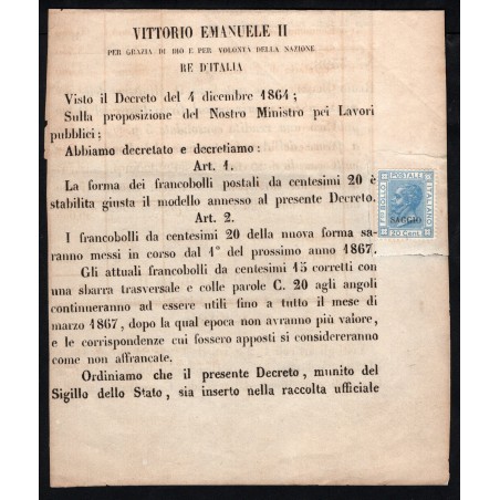 1867 Italia Vitt. Emanuele 2° n.L.26 Soprastampato "Saggio" su Decreto