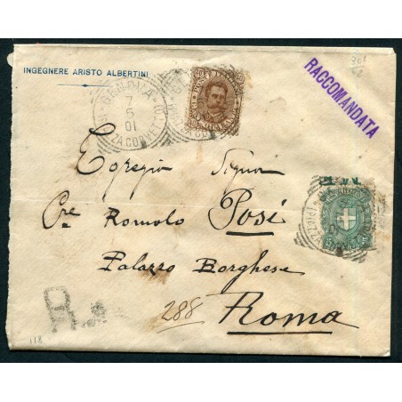 1901 Raccomandata da Genova per Roma con Umberto I c. 45 + c. 5, n. 45+67