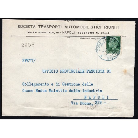 1937 Annullo ZONA FRANCA Napoli azzurro, lettera per città