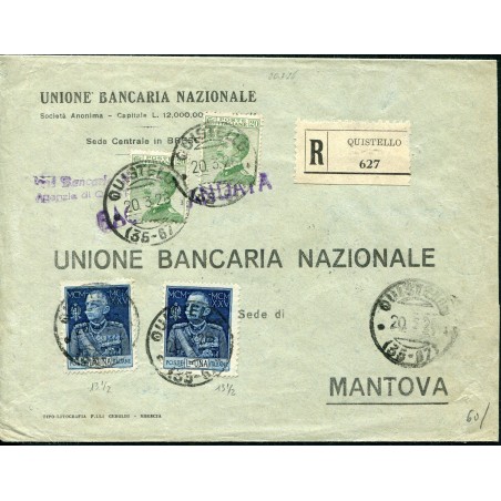 1926 Raccomandata con Vitt. Emanuele c. 20 x2 e L 1 dent. 13 1/2 x2, n.184+187