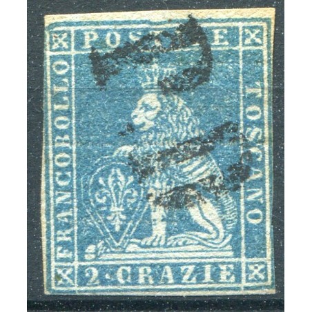 1851 Toscana, 2 cz azzurro chiaro su grigio, n. 5 usato. Cat 300.