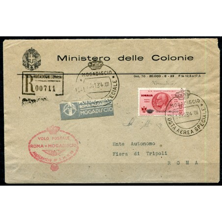 Somalia - 1934 - Servizio Aereo sovrastampato “Coroncina” £ 25 + £ 2, carminio bruno, n. 1 su aerogramma