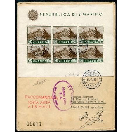 1951- Posta Aerea - Veduta £ 500 - Foglietto di 6 esemplari su raccomandata