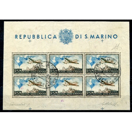 1951 - Posta Aerea - £ 1.000 Bandiera, aereo e veduta. Foglietto di 6 esemplari, usato.