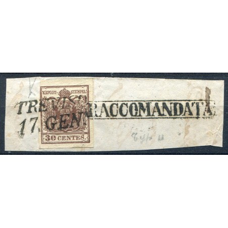 1850 Treviso stampatello inclinato e " Raccomandata" su frammento.